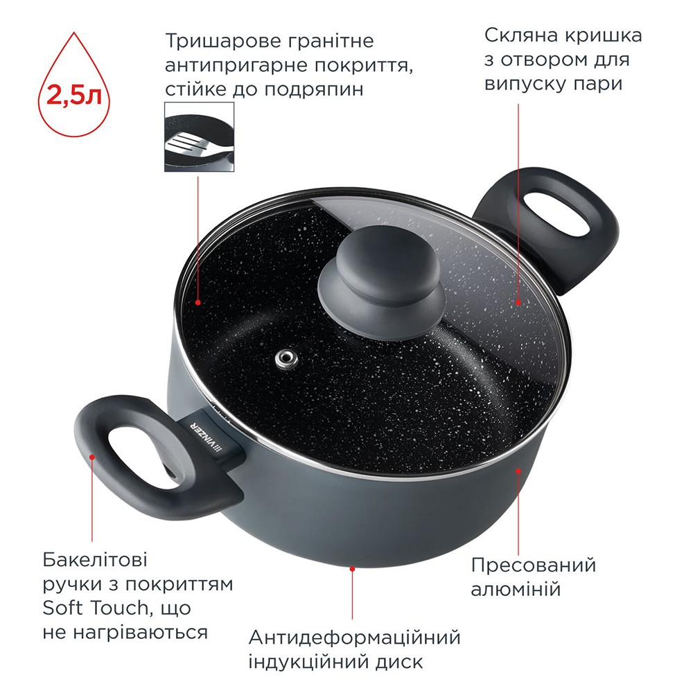 Каструля з кришкою Vinzer Stone Induction Line 2,5 л 50445